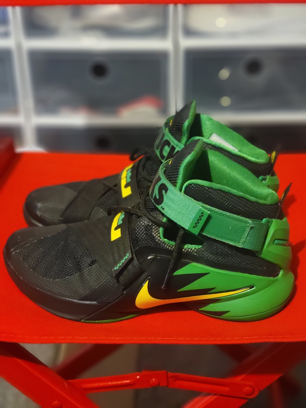 Nike Lebron Oregon Black and Green Basketball Shoes with Yellow Accents